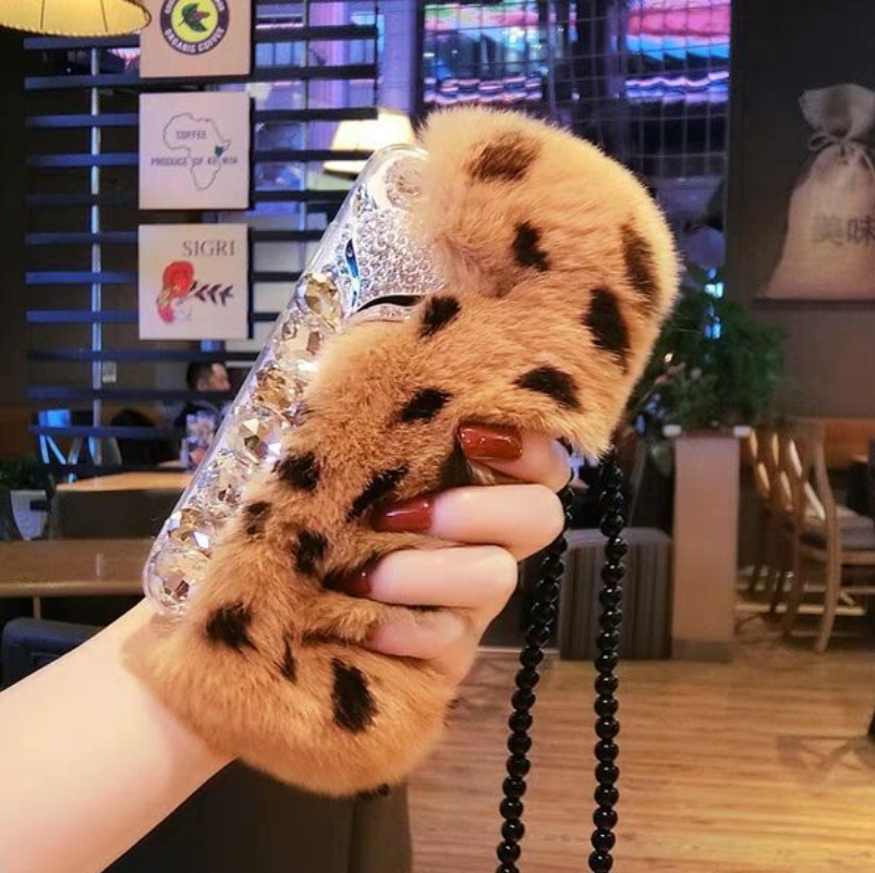 New Big Diamond Real Fur Cover Case For iPhone Samsung Huawei Phones Case Luxury Bling Covers