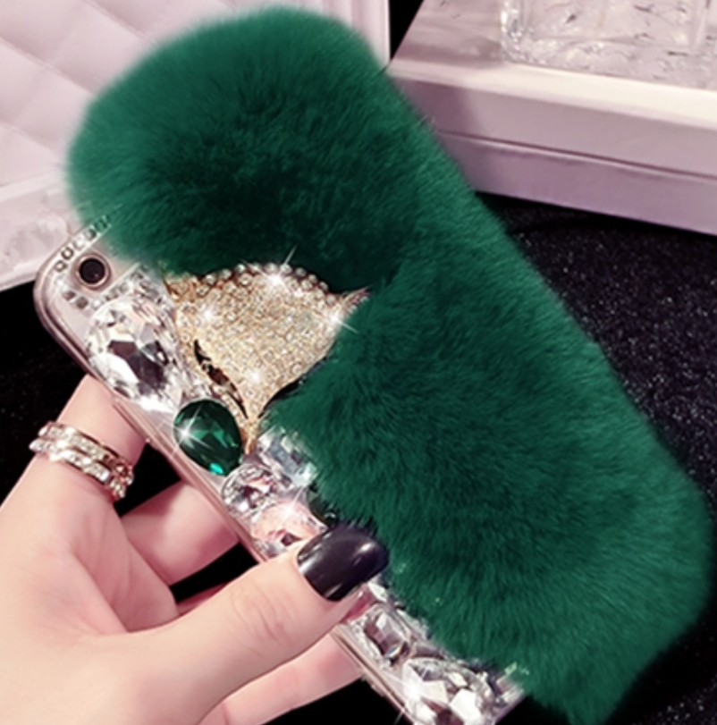 New Big Diamond Real Fur Cover Case For iPhone Samsung Huawei Phones Case Luxury Bling Covers