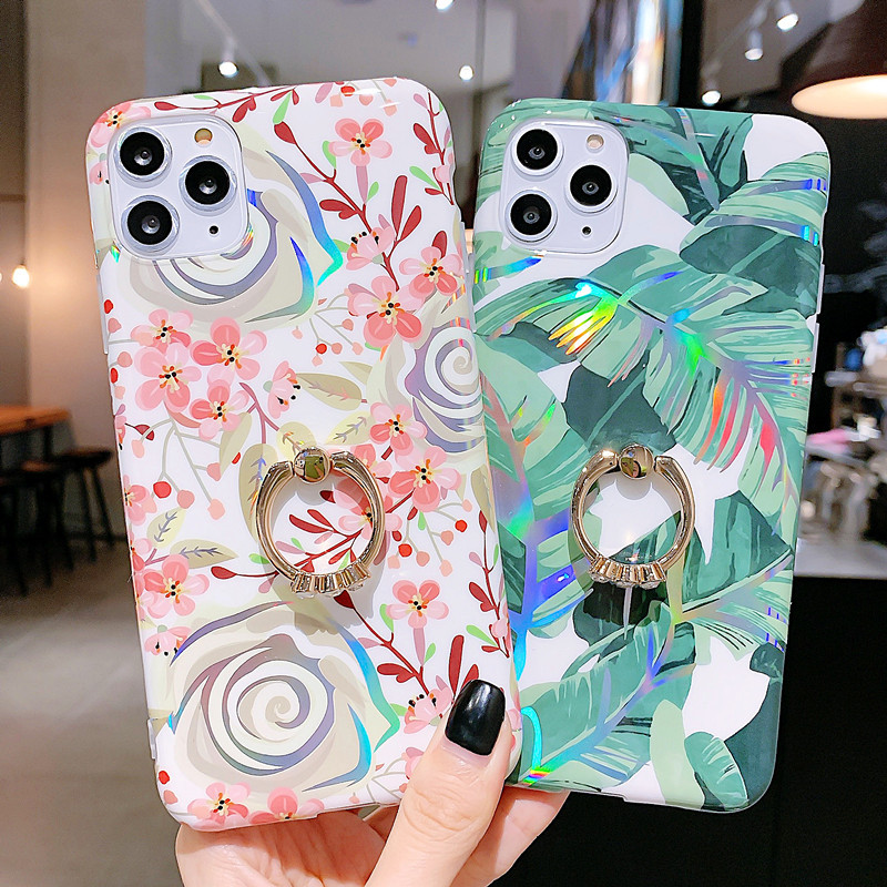 New Laser Floral Phone Cases Glitter Ring Case For iPhone Samsung Phones Covers Sales