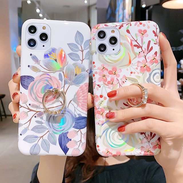 New Laser Floral Phone Cases Glitter Ring Case For iPhone Samsung Phones Covers Sales