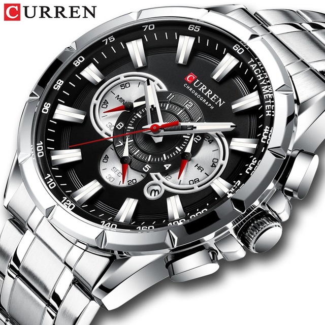 CURREN New Sport Chronograph Men&apos;s Watches Stainless Steel Band Wristwatch Quartz Watches Men Sales