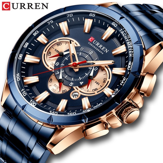 CURREN New Sport Chronograph Men&apos;s Watches Stainless Steel Band Wristwatch Quartz Watches Men Sales