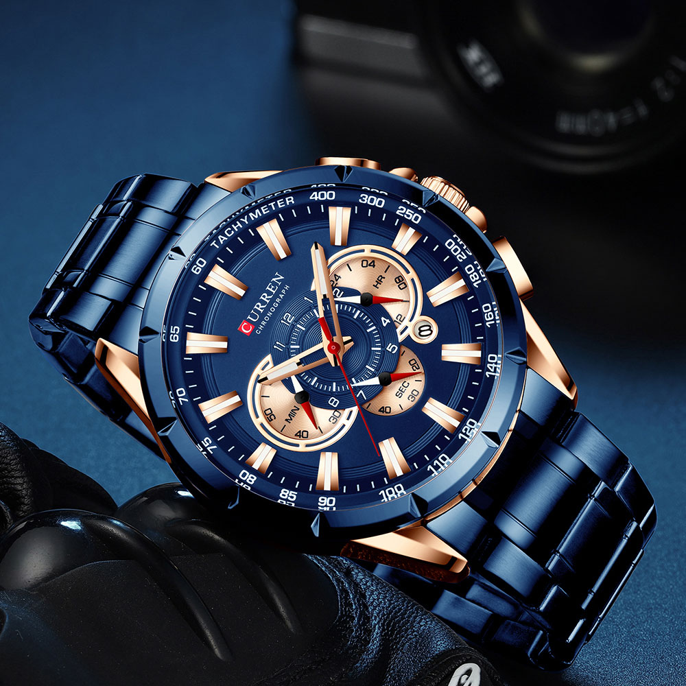 CURREN New Sport Chronograph Men&apos;s Watches Stainless Steel Band Wristwatch Quartz Watches Men Sales
