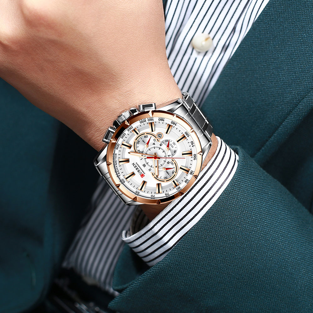 CURREN New Sport Chronograph Men&apos;s Watches Stainless Steel Band Wristwatch Quartz Watches Men Sales