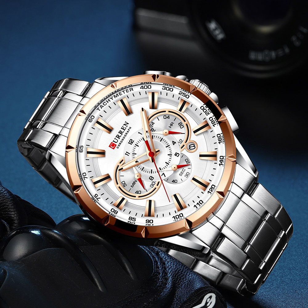 CURREN New Sport Chronograph Men&apos;s Watches Stainless Steel Band Wristwatch Quartz Watches Men Sales