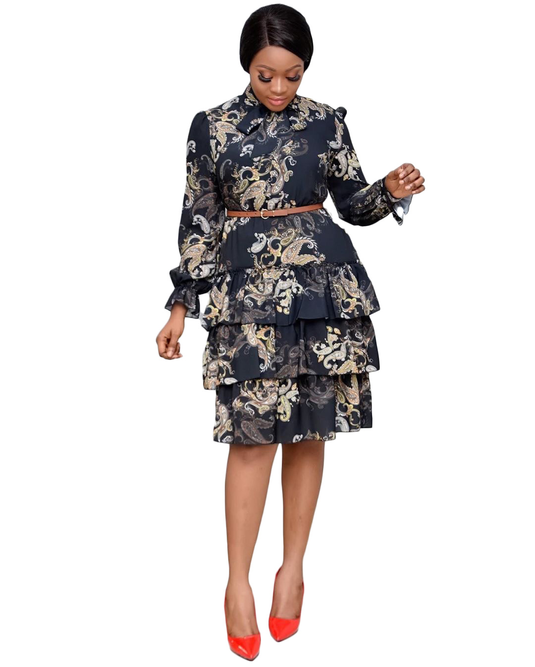 New Women Print Dresses Long Sleeves Bowtie Cake Dress Ruffles Pleated Vestidos Plus Size Dress