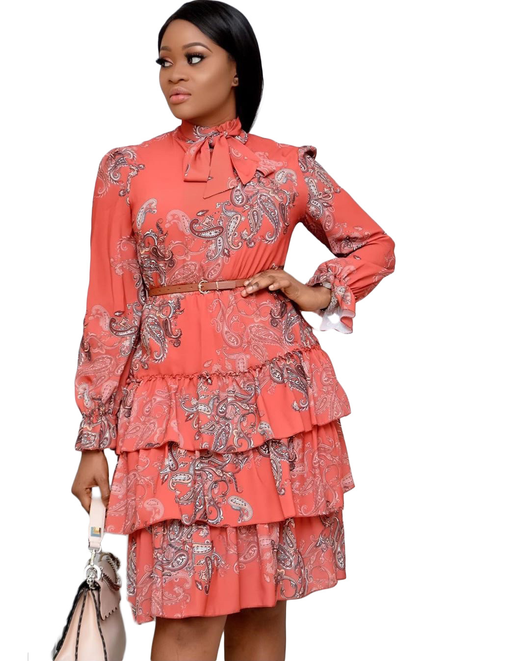 New Women Print Dresses Long Sleeves Bowtie Cake Dress Ruffles Pleated Vestidos Plus Size Dress