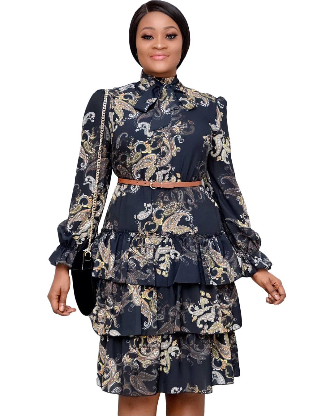 New Women Print Dresses Long Sleeves Bowtie Cake Dress Ruffles Pleated Vestidos Plus Size Dress