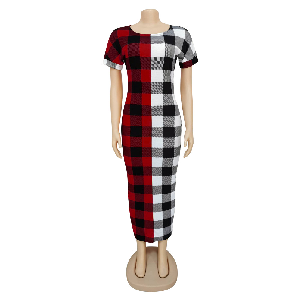 New Dresses Red Blue Gird Bodycon Skinny Fashion Dresses O Neck Casual Lady Dress Bandage Dress