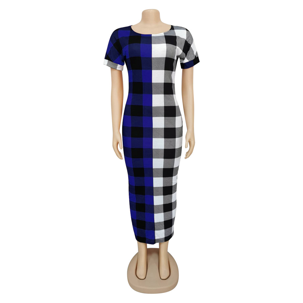 New Dresses Red Blue Gird Bodycon Skinny Fashion Dresses O Neck Casual Lady Dress Bandage Dress