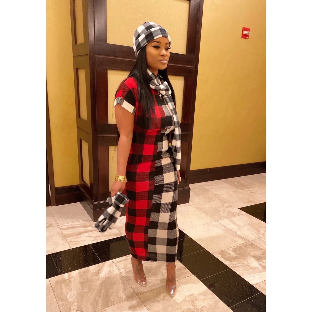 New Dresses Red Blue Gird Bodycon Skinny Fashion Dresses O Neck Casual Lady Dress Bandage Dress