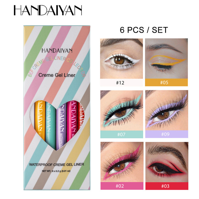 New 6PCS/Set Eyeliner Waterproof Creme Gel Liner Matte Eye Liner Colorful Neon White Gold Makeup Set