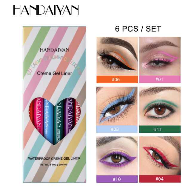 New 6PCS/Set Eyeliner Waterproof Creme Gel Liner Matte Eye Liner Colorful Neon White Gold Makeup Set