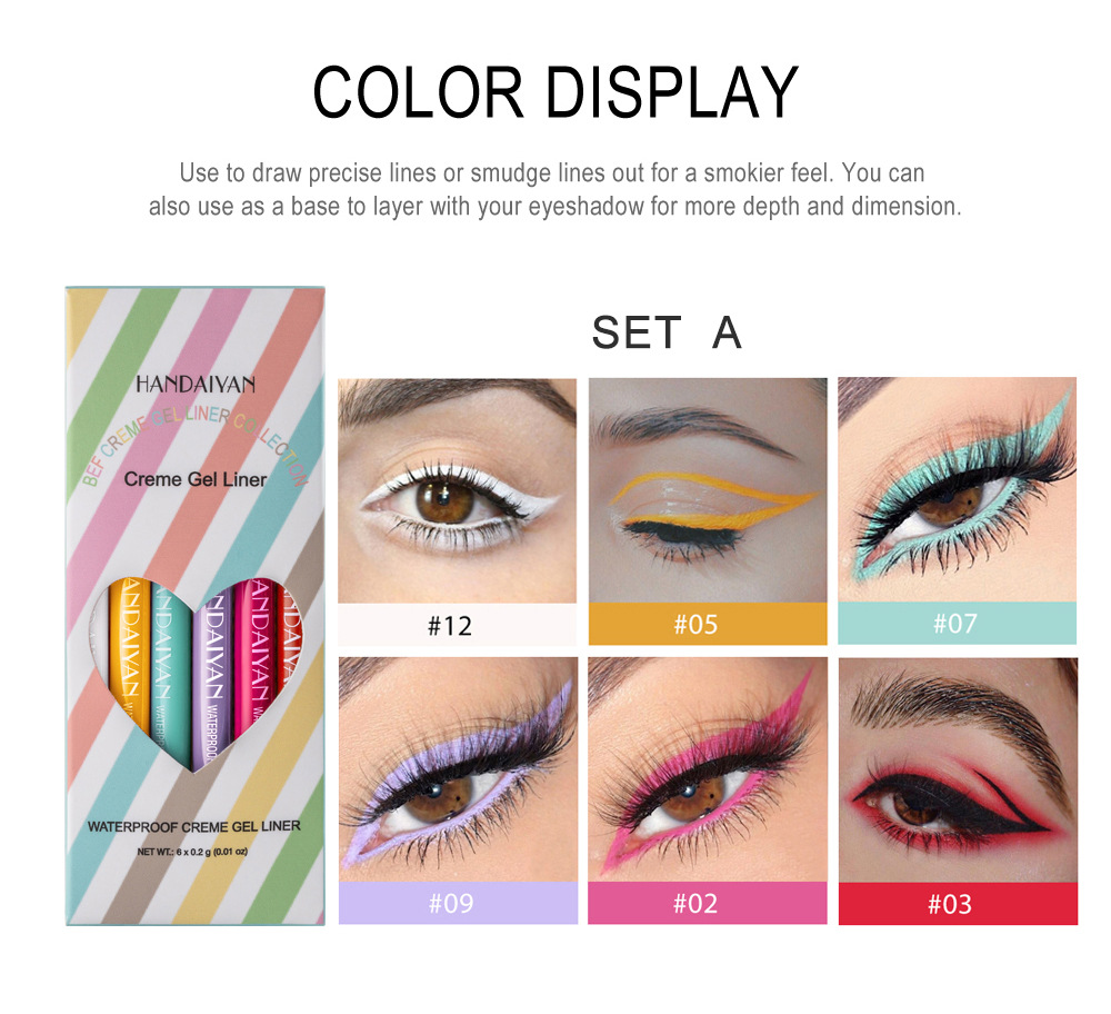 New 6PCS/Set Eyeliner Waterproof Creme Gel Liner Matte Eye Liner Colorful Neon White Gold Makeup Set