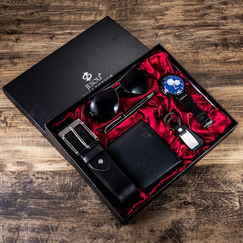 New 6Pcs/Set Classic Men Watches Luxury Gifts Set Sunglasses Belt Watch Wallet Keychain Set Christmas Gift Valentines Gifts