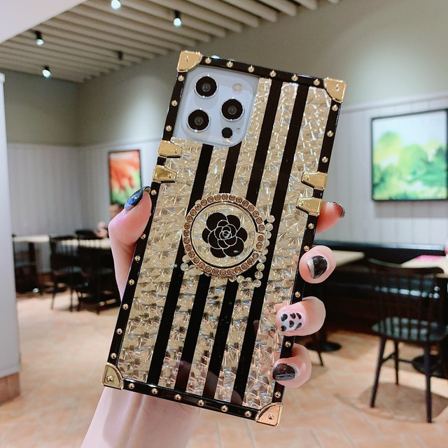 Luxury Brand Rose Flower Glitter Gold Square Case for Infinix Tecno POP5 iPhone Samsung OPPO Huawei Phones Covers