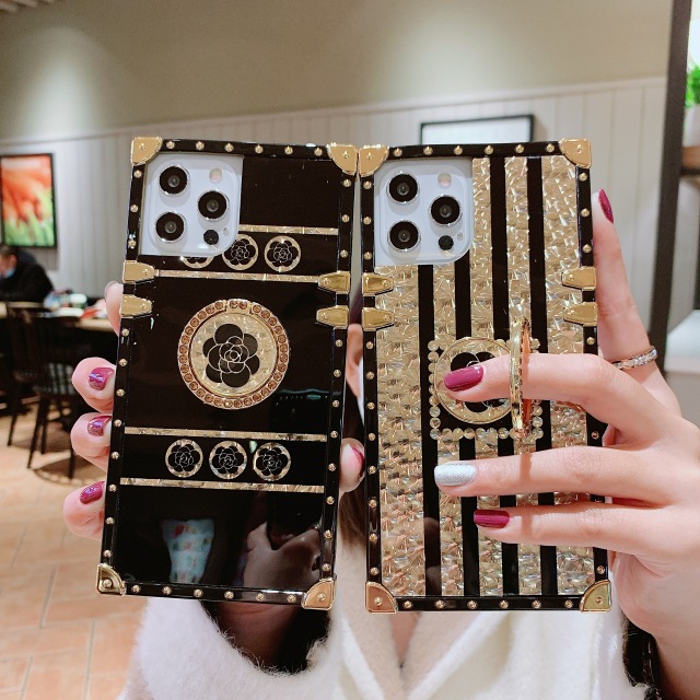 Luxury Brand Rose Flower Glitter Gold Square Case for Infinix Tecno POP5 iPhone Samsung OPPO Huawei Phones Covers