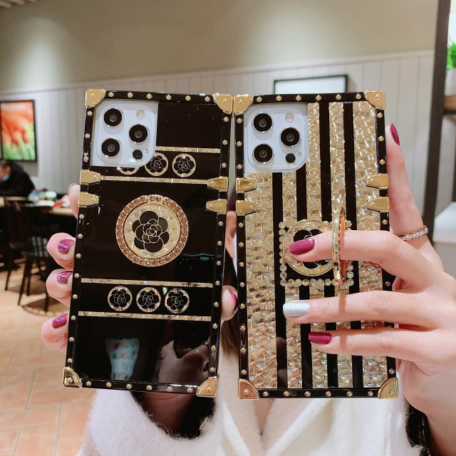 Luxury Brand Rose Flower Glitter Gold Square Case for Infinix Tecno POP5 iPhone Samsung OPPO Huawei Phones Covers