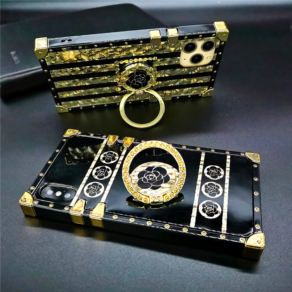 Luxury Brand Rose Flower Glitter Gold Square Case for Infinix Tecno POP5 iPhone Samsung OPPO Huawei Phones Covers