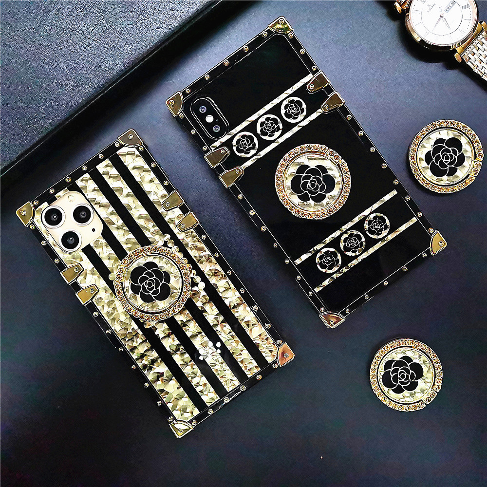 Luxury Brand Rose Flower Glitter Gold Square Case for Infinix Tecno POP5 iPhone Samsung OPPO Huawei Phones Covers