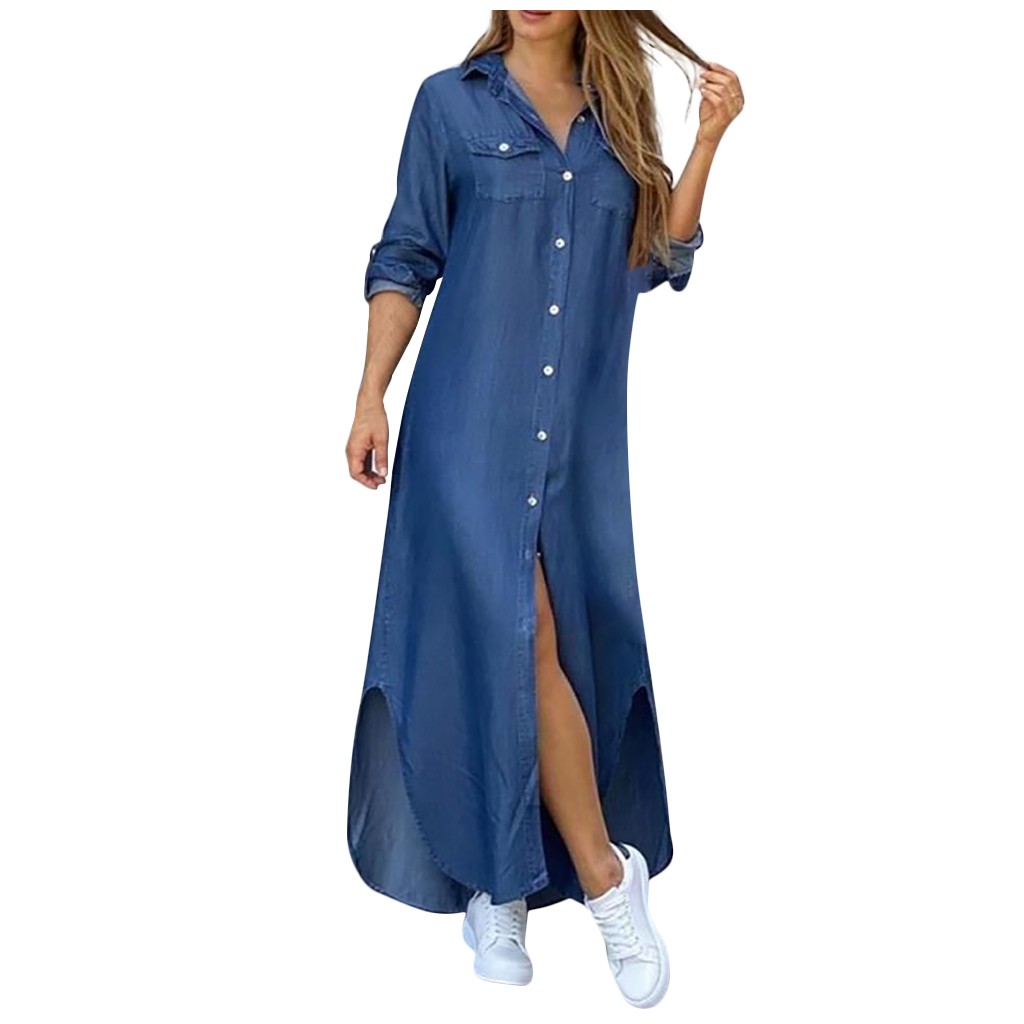 New Fashion Women Long Sleeve Shirt Dress Plus Size Printed OL Laides Maxi Dresses Party Dresses