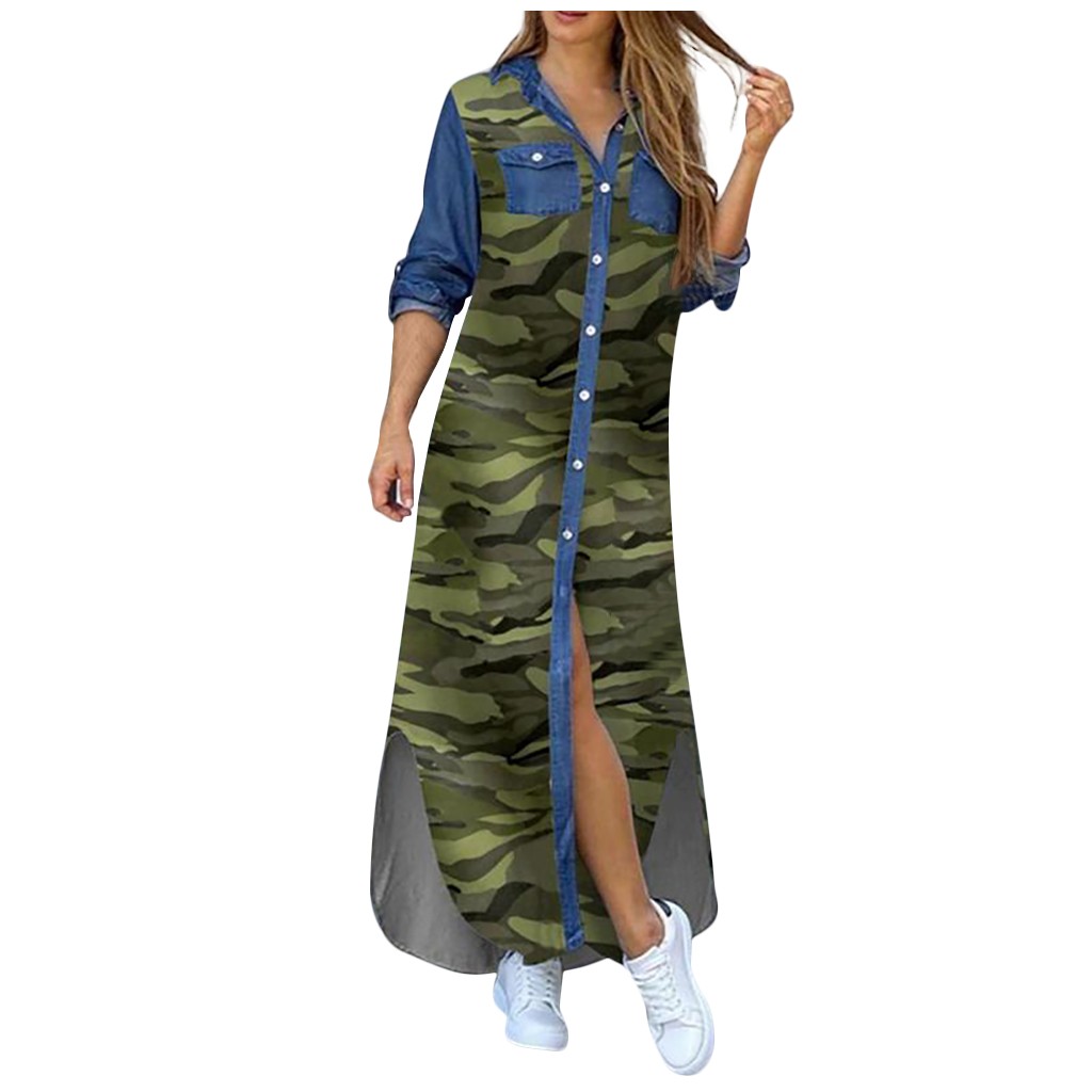 New Fashion Women Long Sleeve Shirt Dress Plus Size Printed OL Laides Maxi Dresses Party Dresses
