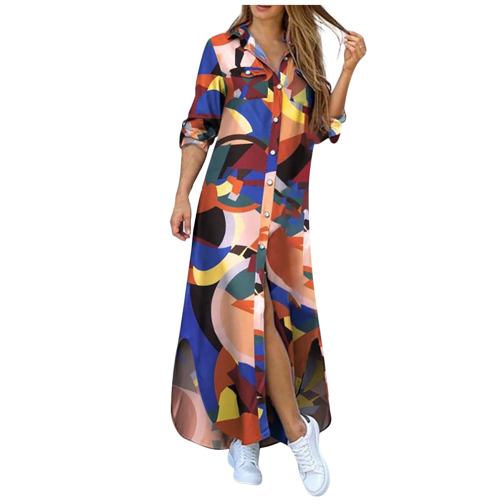 New Fashion Women Long Sleeve Shirt Dress Plus Size Printed OL Laides Maxi Dresses Party Dresses
