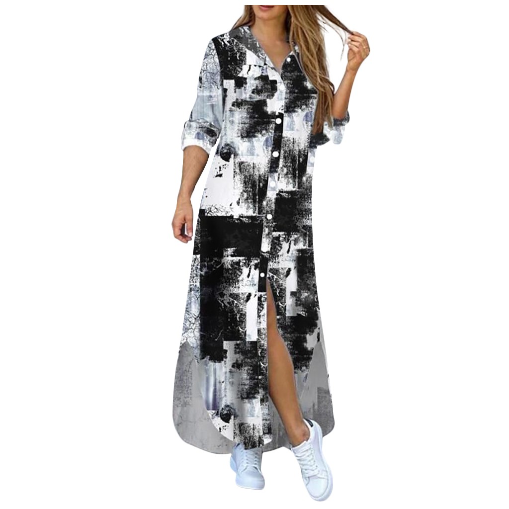 New Fashion Women Long Sleeve Shirt Dress Plus Size Printed OL Laides Maxi Dresses Party Dresses