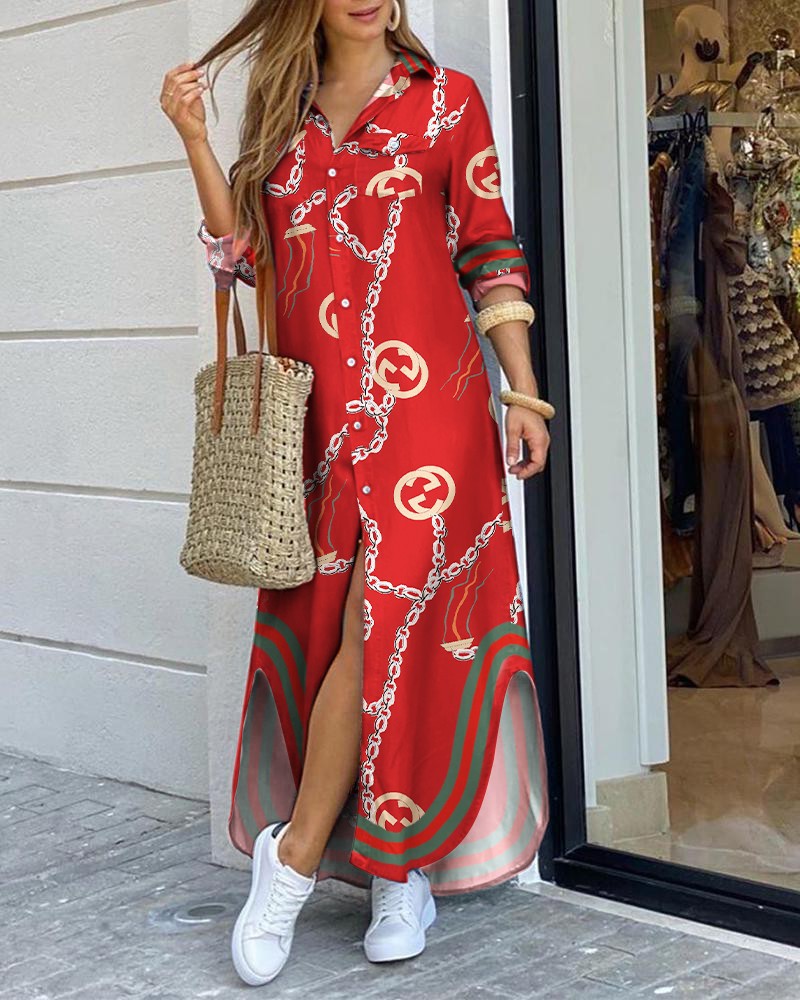 New Fashion Women Long Sleeve Shirt Dress Plus Size Printed OL Laides Maxi Dresses Party Dresses