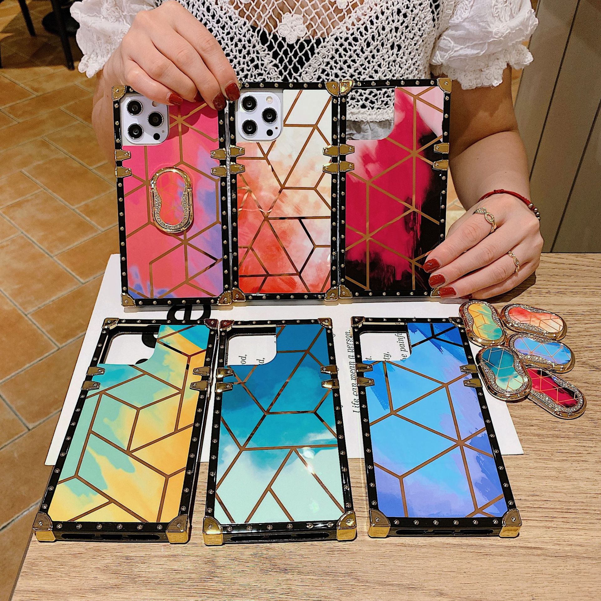 New Luxury Glitter Square Cases With Ring For iPhone Samsung OPPO Huawei Phones Covers