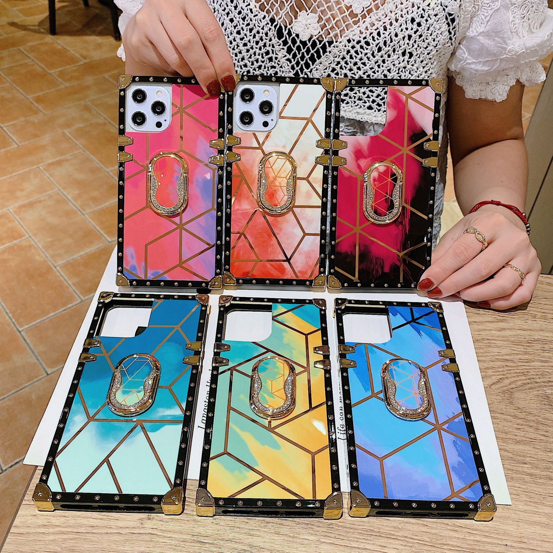New Luxury Glitter Square Cases With Ring For iPhone Samsung OPPO Huawei Phones Covers