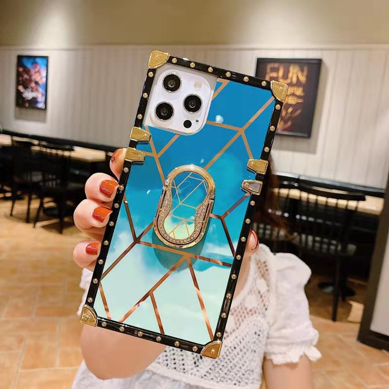 New Luxury Glitter Square Cases With Ring For iPhone Samsung OPPO Huawei Phones Covers