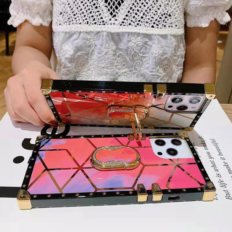 New Luxury Glitter Square Cases With Ring For iPhone Samsung OPPO Huawei Phones Covers