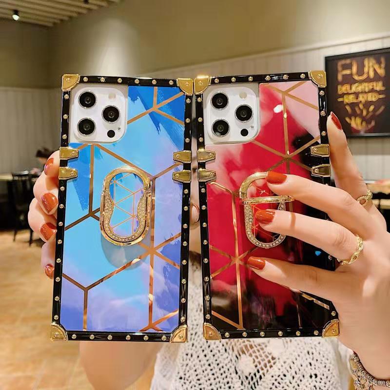 New Luxury Glitter Square Cases With Ring For iPhone Samsung OPPO Huawei Phones Covers