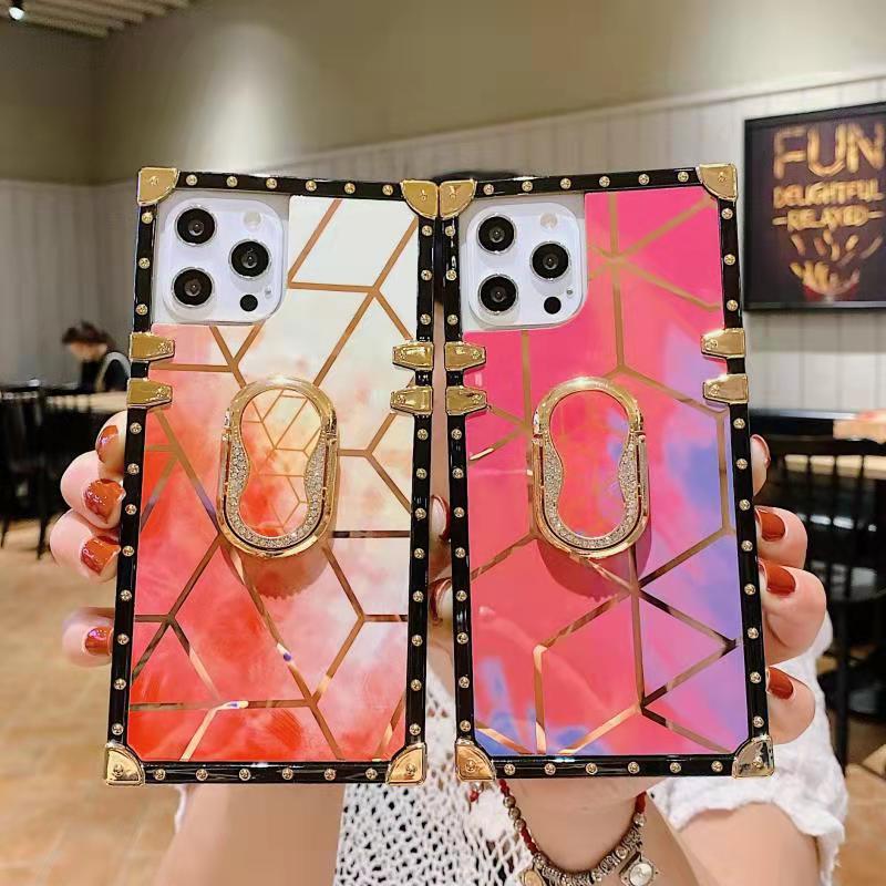 New Luxury Glitter Square Cases With Ring For iPhone Samsung OPPO Huawei Phones Covers