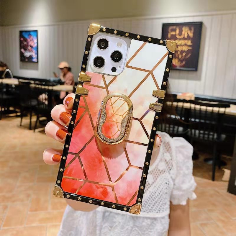 New Luxury Glitter Square Cases With Ring For iPhone Samsung OPPO Huawei Phones Covers