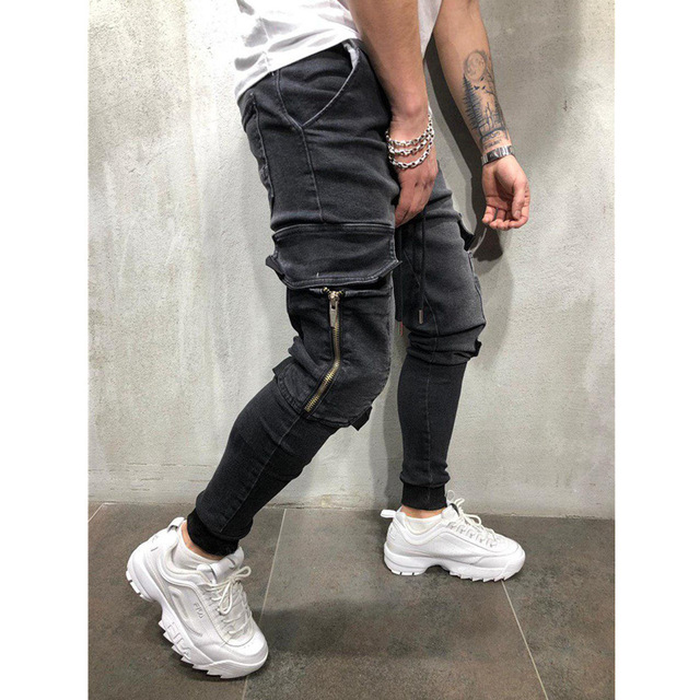 New Denim Jeans Men Pencil Pants Slim Fit Biker Jogger Big Side Pocket Stripe Hip Hop Cargo Trousers