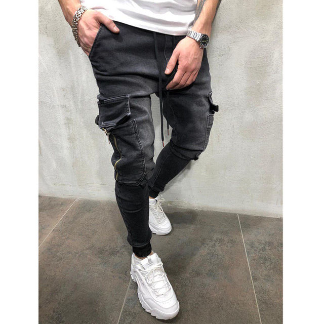 New Denim Jeans Men Pencil Pants Slim Fit Biker Jogger Big Side Pocket Stripe Hip Hop Cargo Trousers