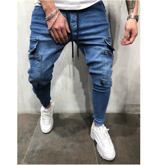 New Denim Jeans Men Pencil Pants Slim Fit Biker Jogger Big Side Pocket Stripe Hip Hop Cargo Trousers