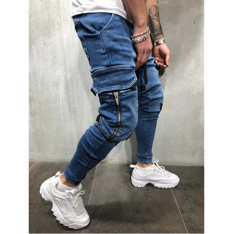 New Denim Jeans Men Pencil Pants Slim Fit Biker Jogger Big Side Pocket Stripe Hip Hop Cargo Trousers