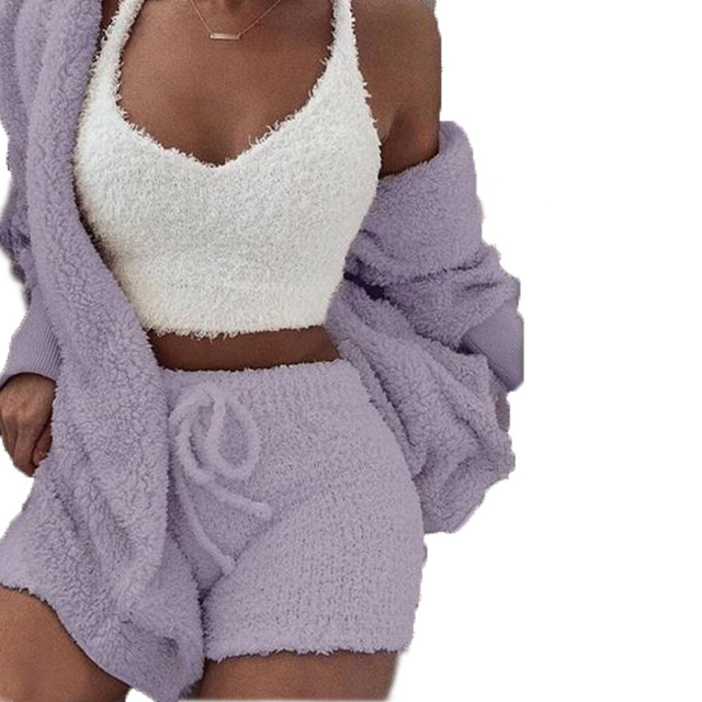 3PCS Set Sexy Fluffy Velvet Hooded Cardigan Coats Shorts Crop Tops Tracksuit Plus Size Women Suits