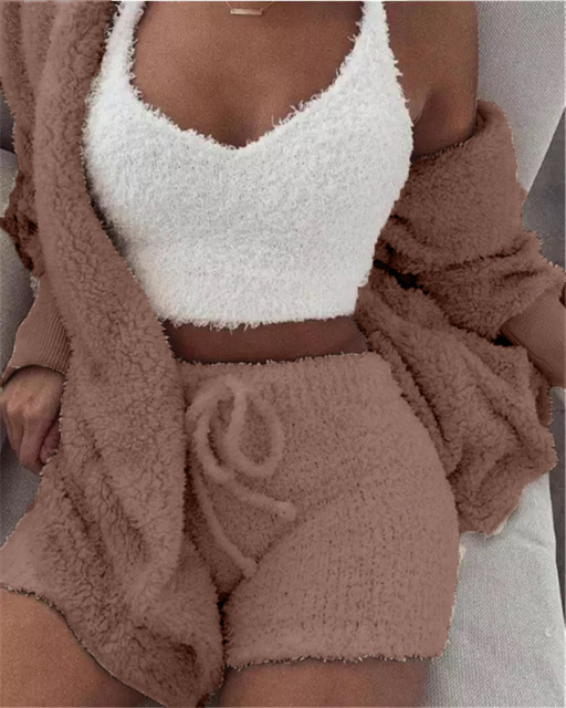 3PCS Set Sexy Fluffy Velvet Hooded Cardigan Coats Shorts Crop Tops Tracksuit Plus Size Women Suits