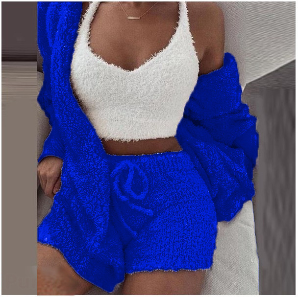3PCS Set Sexy Fluffy Velvet Hooded Cardigan Coats Shorts Crop Tops Tracksuit Plus Size Women Suits