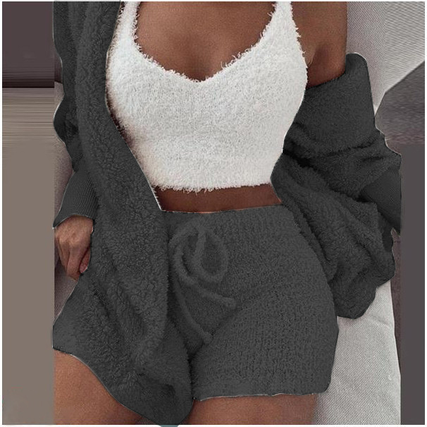 3PCS Set Sexy Fluffy Velvet Hooded Cardigan Coats Shorts Crop Tops Tracksuit Plus Size Women Suits