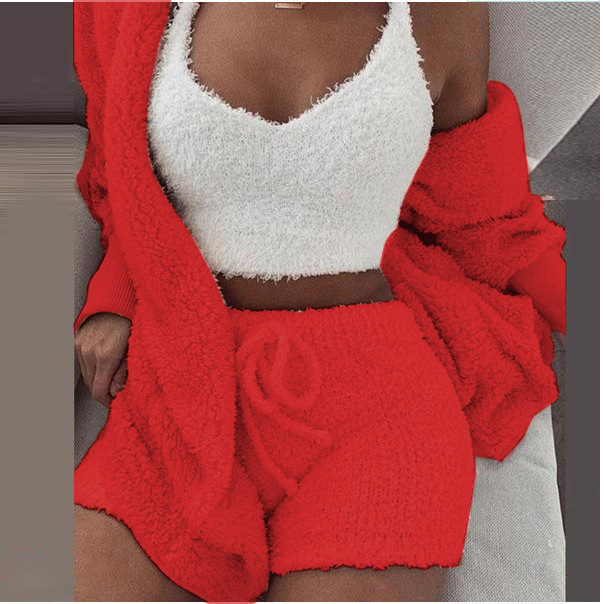 3PCS Set Sexy Fluffy Velvet Hooded Cardigan Coats Shorts Crop Tops Tracksuit Plus Size Women Suits