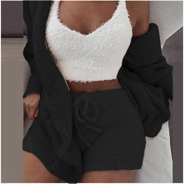 3PCS Set Sexy Fluffy Velvet Hooded Cardigan Coats Shorts Crop Tops Tracksuit Plus Size Women Suits