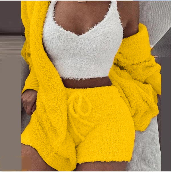 3PCS Set Sexy Fluffy Velvet Hooded Cardigan Coats Shorts Crop Tops Tracksuit Plus Size Women Suits