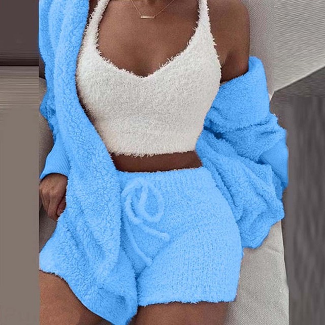 3PCS Set Sexy Fluffy Velvet Hooded Cardigan Coats Shorts Crop Tops Tracksuit Plus Size Women Suits