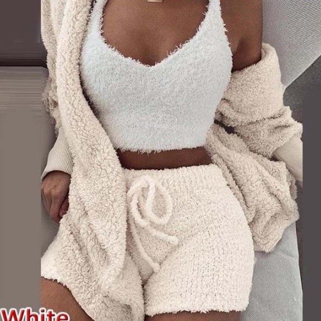 3PCS Set Sexy Fluffy Velvet Hooded Cardigan Coats Shorts Crop Tops Tracksuit Plus Size Women Suits