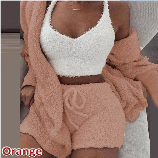 3PCS Set Sexy Fluffy Velvet Hooded Cardigan Coats Shorts Crop Tops Tracksuit Plus Size Women Suits